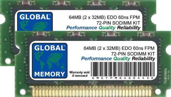 64MB (2 x 32MB) EDO FPM 72-PIN SODIMM MEMORY RAM KIT FOR LAPTOPS/NOTEBOOKS